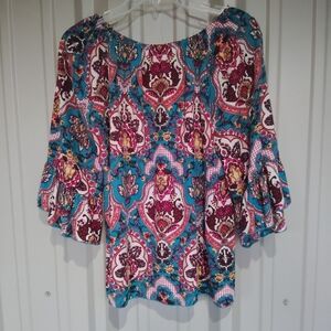 Women's Colorful Aqua Blue Floral Tunic Top Size Small All Over Print Flowers